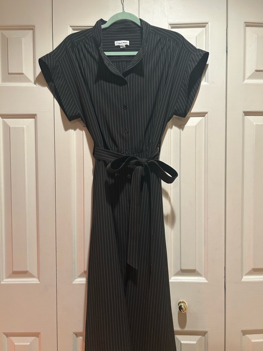Calvin Klein Black Pinstriped Midi Shirt Dress with Waist Tie